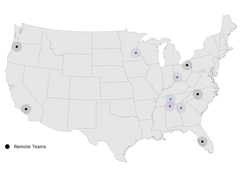 An illustrated map depicting the 5 Eosys offices in the Midwest and remote teams across the country.