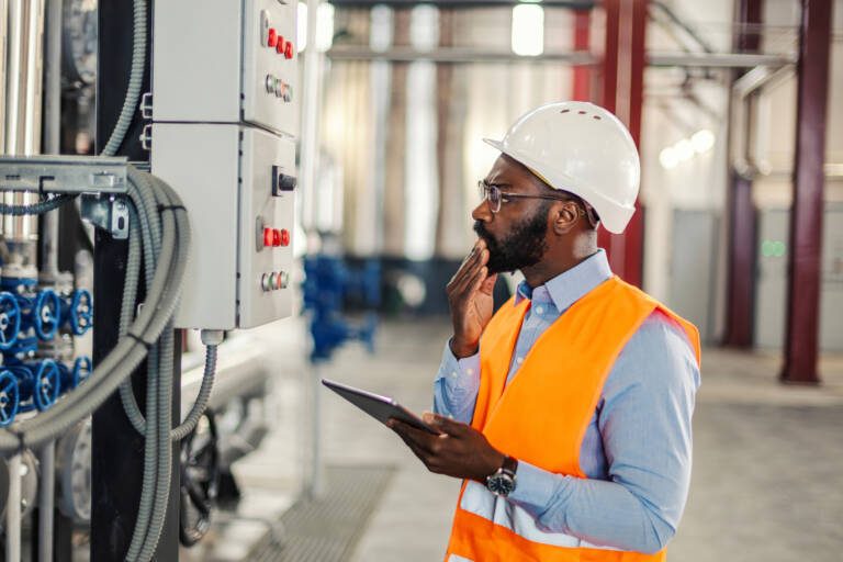 manufacturing engineer inspects an industrial control panel with a digital tablet, supporting AI governance through documented equipment evaluation and operational oversight
