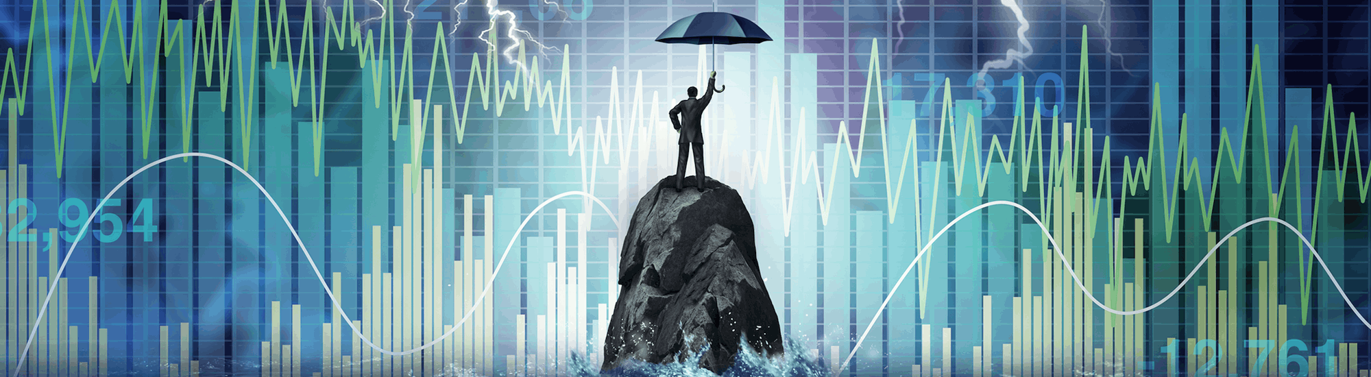 business person stands on a rock in rough water, holding an umbrella against a storm while digital financial graphs and fluctuating metrics appear behind them