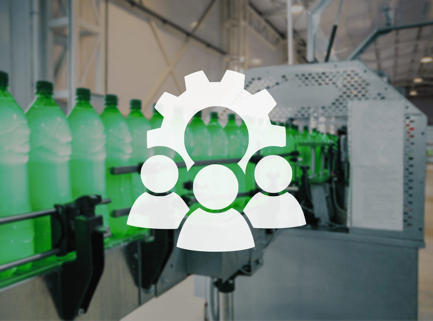 A production line with bottles on a conveyor, overlaid with a team-and-gear icon to represent multidisciplinary engineering collaboration in OT reliability
