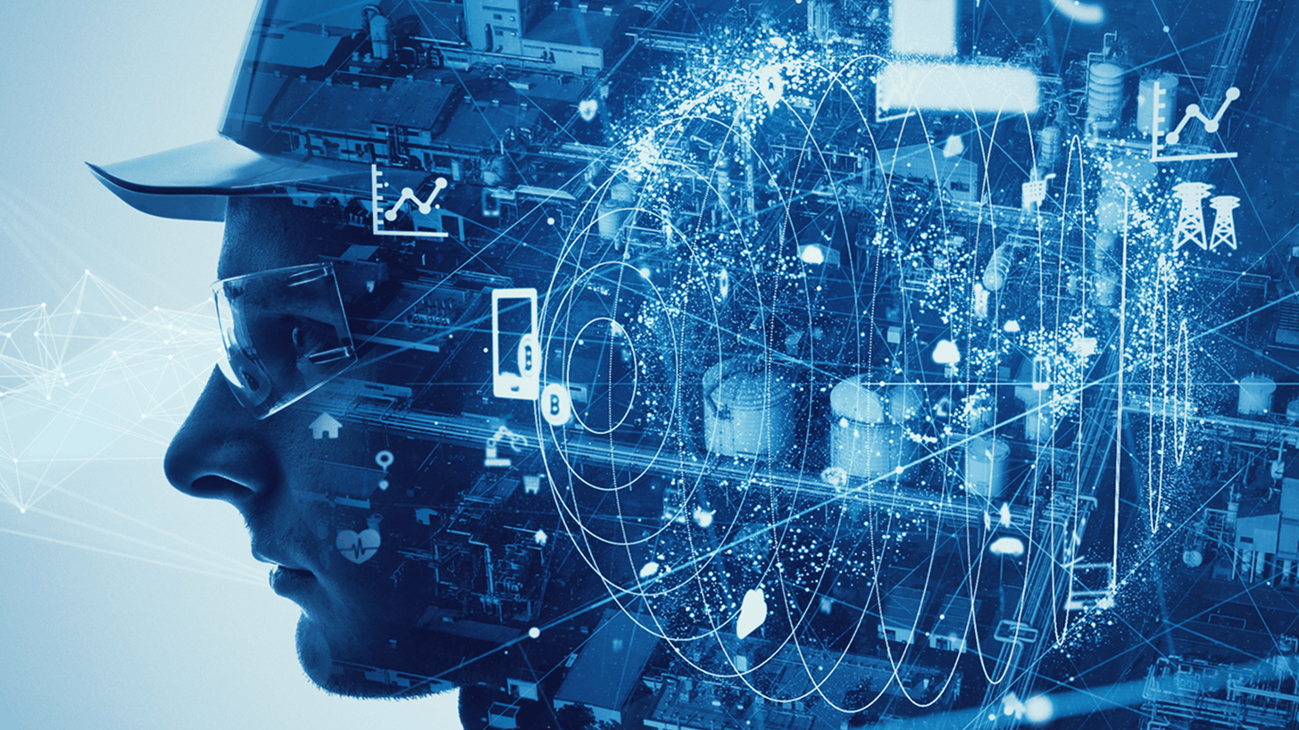 a worker silhouette blended with digital icons and industrial systems illustrating rising demands for digital maturity, regulatory pressure, and the shift toward lower‑carbon, automated manufacturing