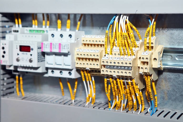 industrial control panel with labeled wiring and terminal blocks supporting integrated plant-floor data connections