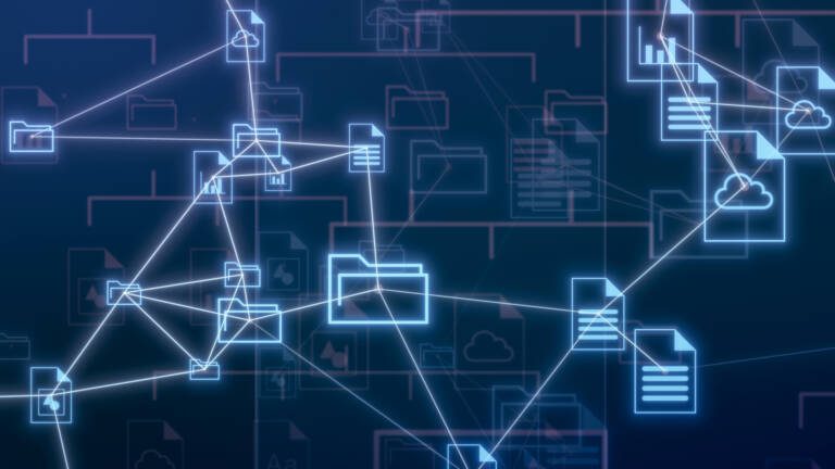 illustration of connected digital documents and data nodes representing data governance, contextual relationships, and information flow across integrated manufacturing systems