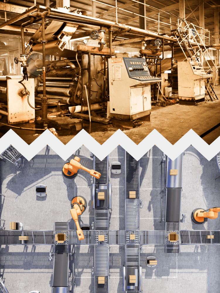 A split image showing an older, manual production line above a modern automated line, highlighting the shift from isolated machines to connected OT systems