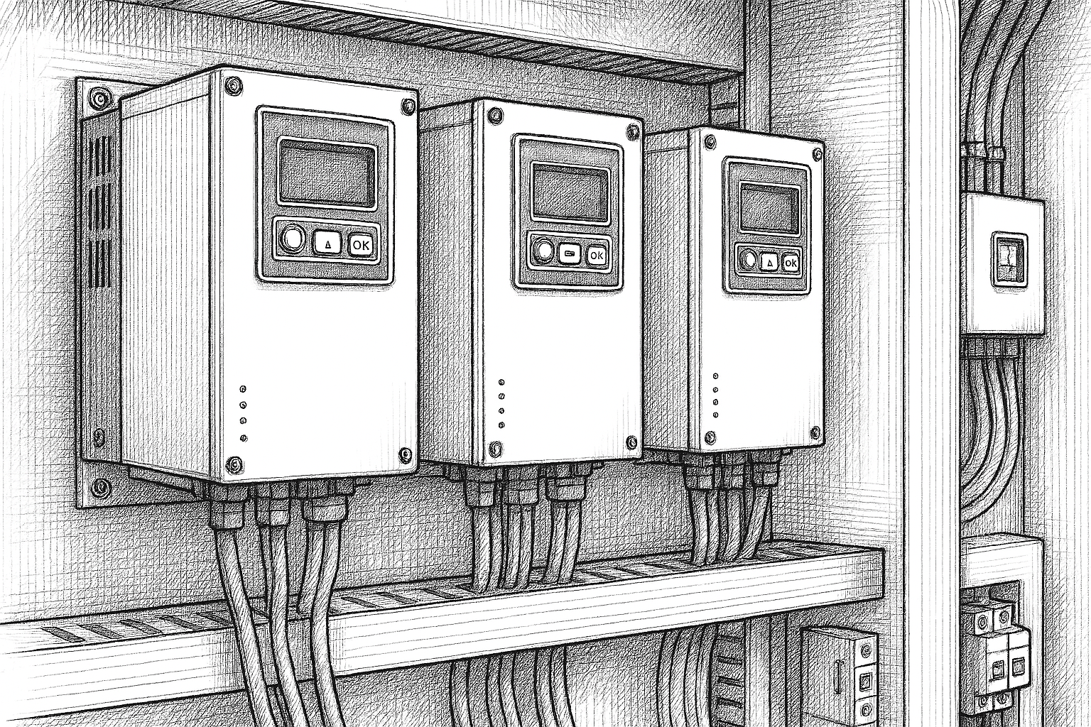 close-up of a VFD panel with drive units, displays, and structured cabling used to regulate motor speed, reduce inrush current, and protect motors